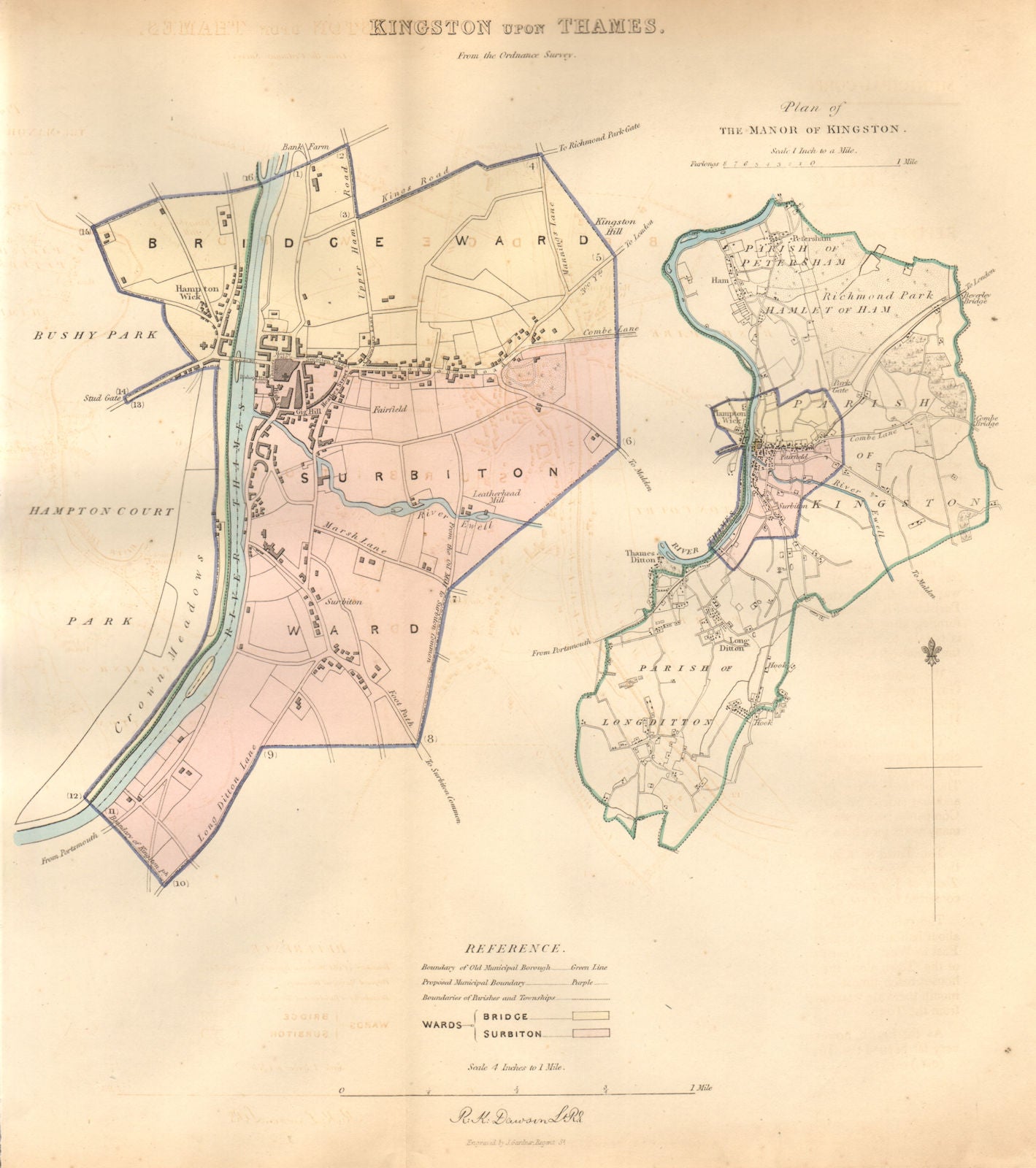 KINGSTON-UPON-THAMES borough/town/Manor plan BOUNDARY COMMISSION DAWSON 1837 map